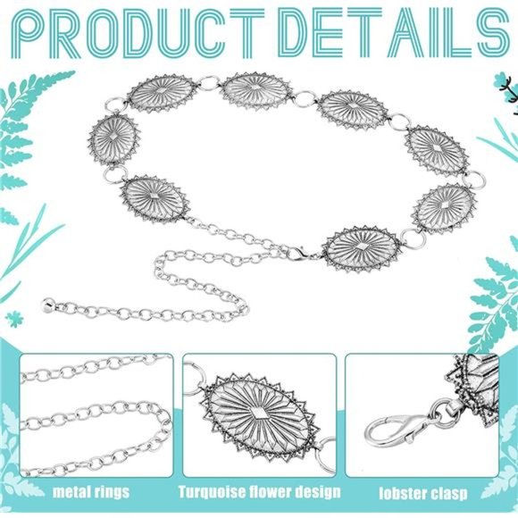 4 Pcs Turquoise Chain Belt Concho Post Earrings Set Metal Waist Belts 2 Pairs